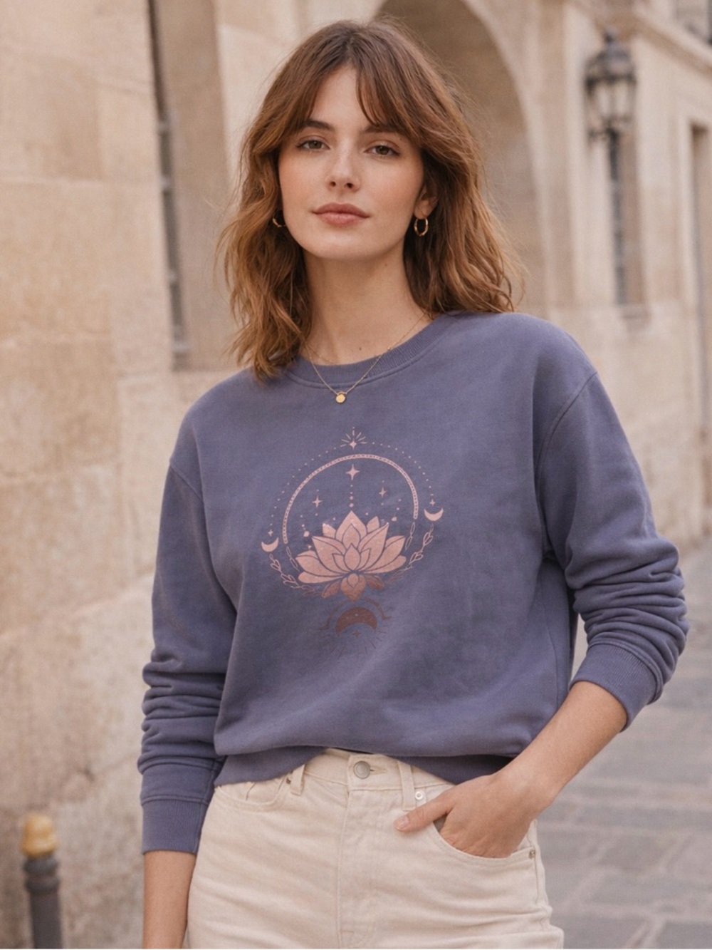 Pact Blue Yoga Lotus Flower Zen Graphic Sweatshirt Organic Cotton Large